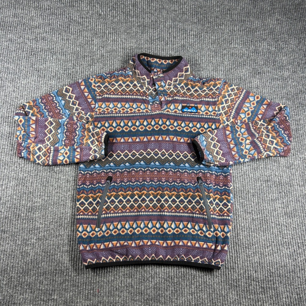 KAVU Pullover Womens S Teannaway Fleece Aztec Geometric Snap Neck Blue Purple